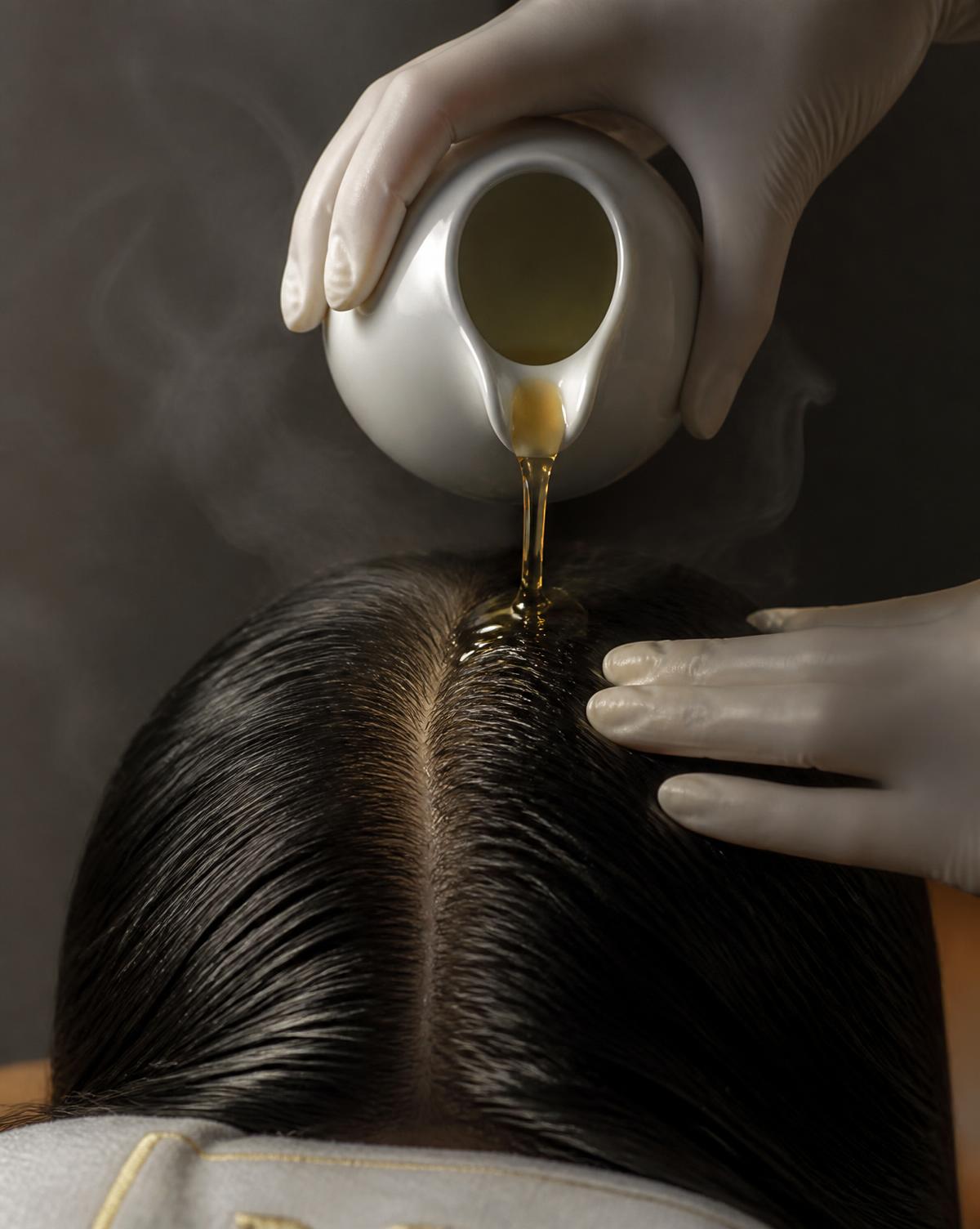 Warm botanical oil poured over the scalp during a head spa ritual